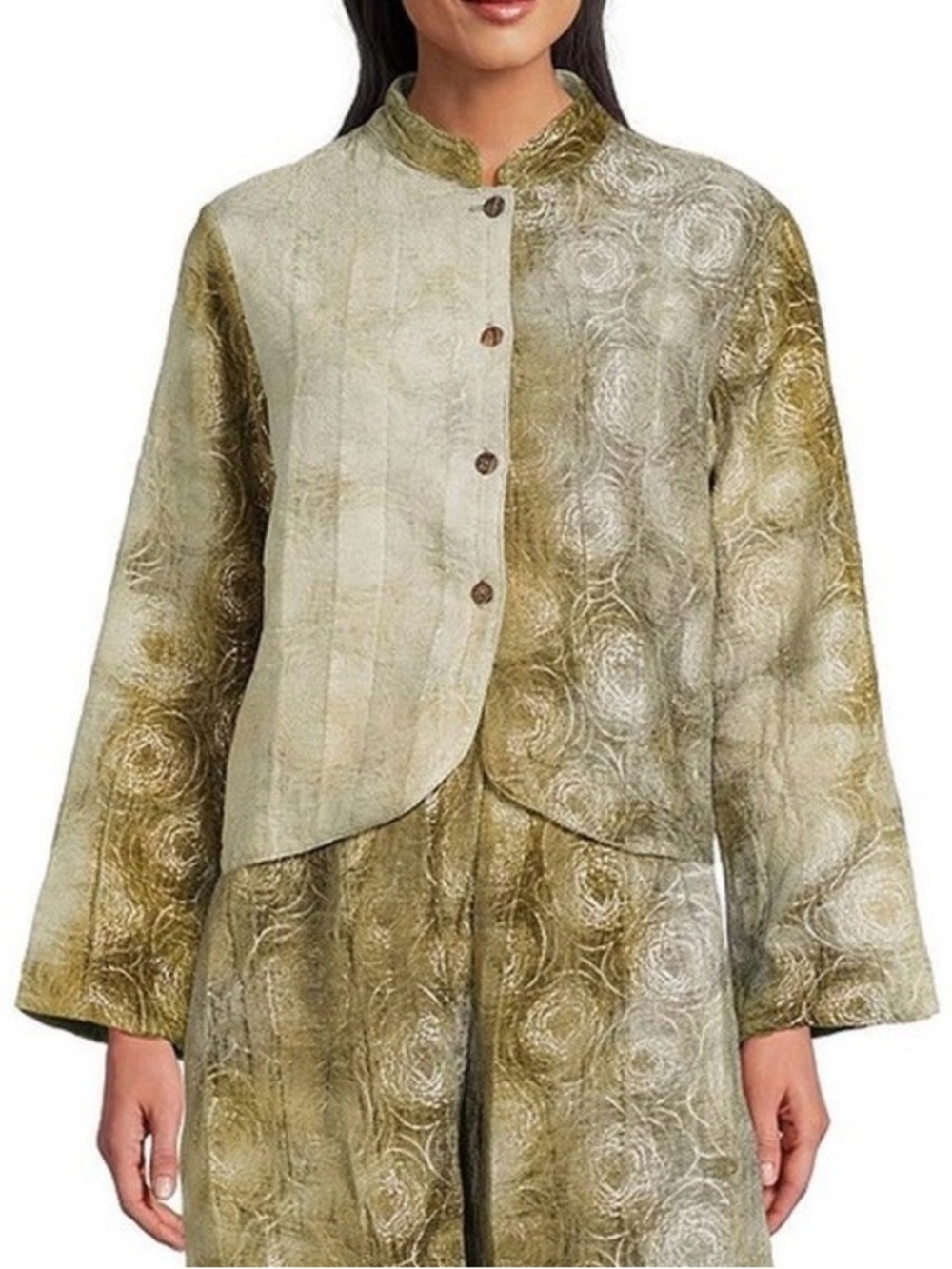 Brynâ Walker Jacket Womens XS Green Textured Velvet Mandarin Collar Cropped